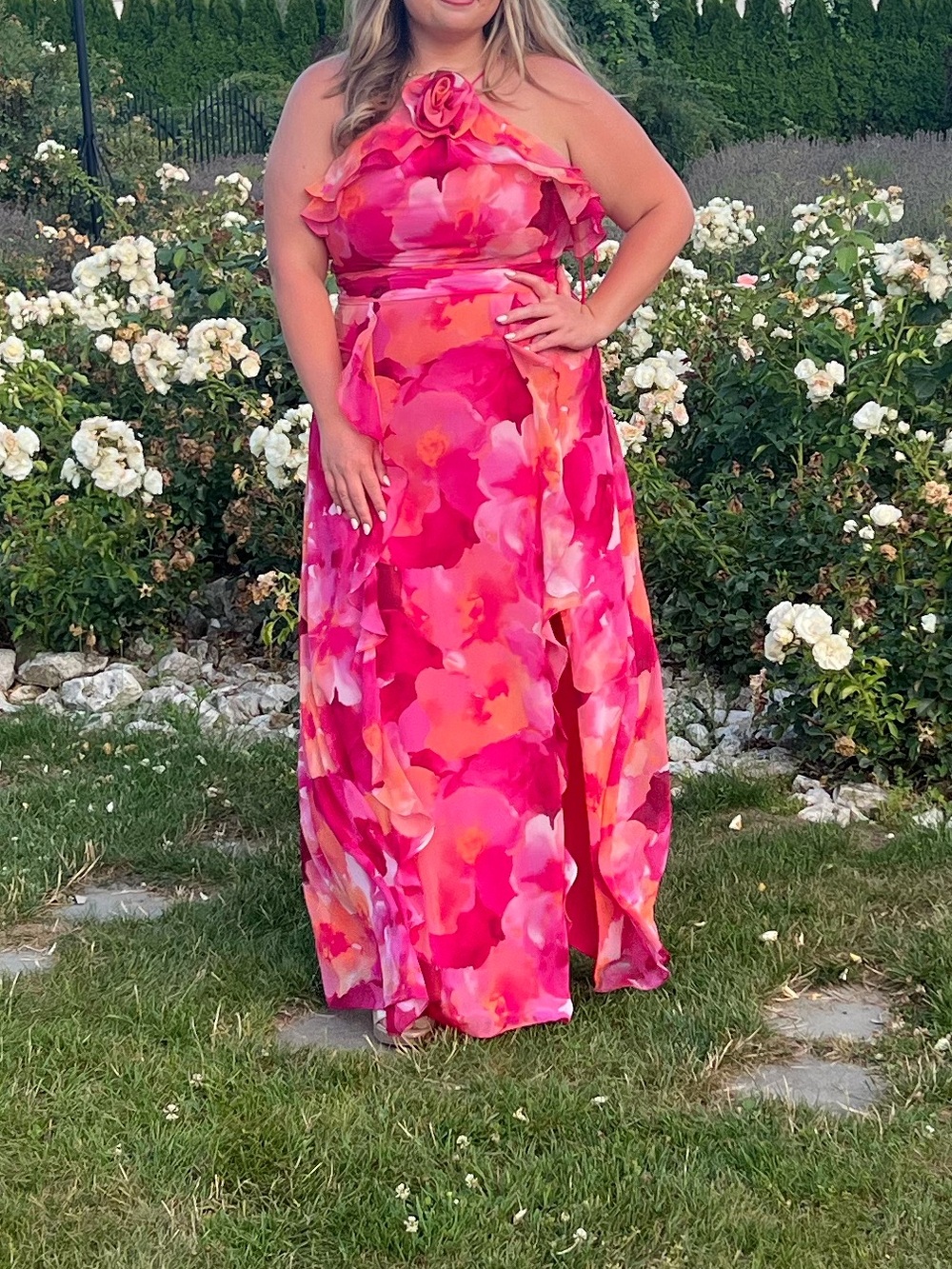 Xscape Pink and Orange Floral Halter Maxi Dress